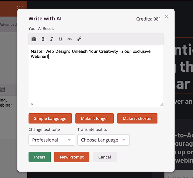 Edit AI generated text in SeedProd 