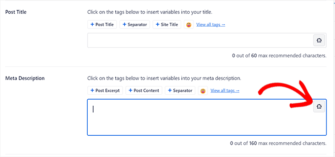 Click the robot icon in the Post Title or Meta Description box to run the AI title generator
