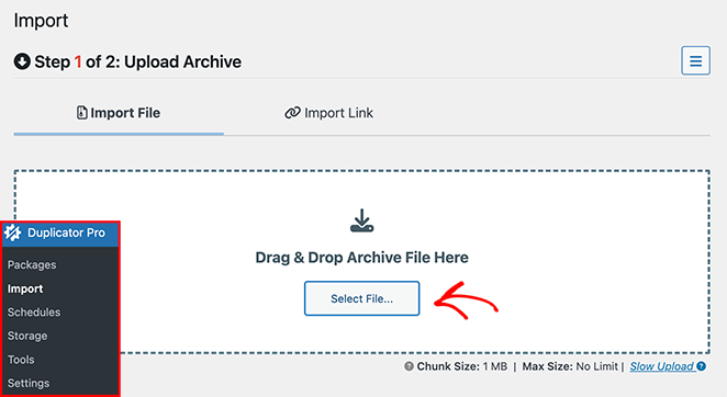 Import WordPress backup to Duplicator