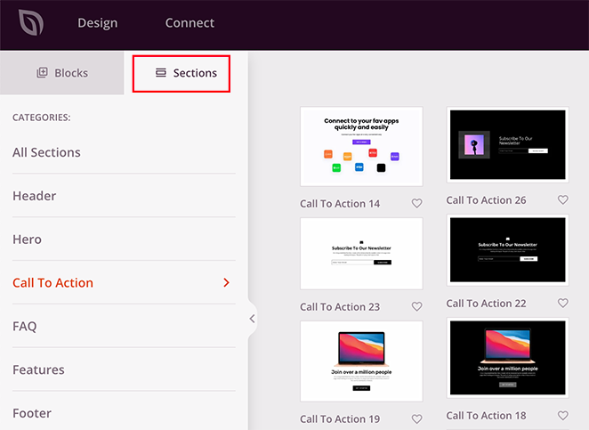 Sections du constructeur de pages