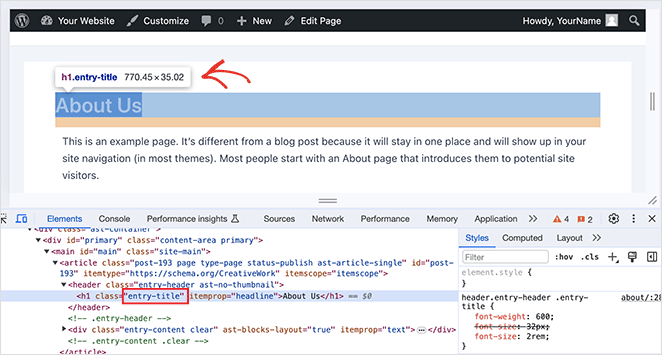 Developer console highlighting the page title CSS class in WordPress