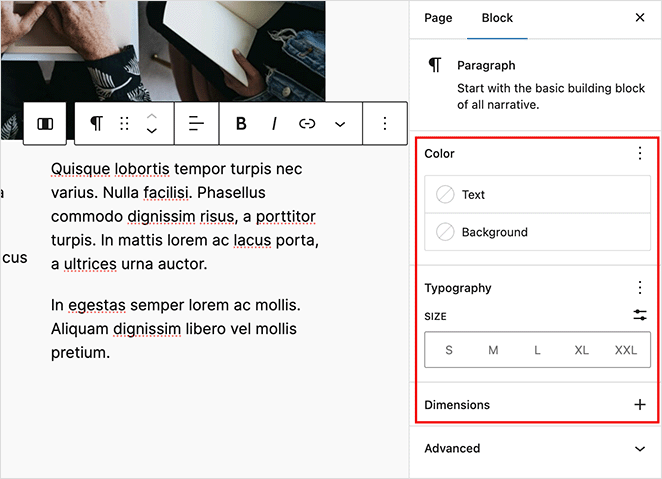 Paragraph Block customization options in WordPress Block Editor