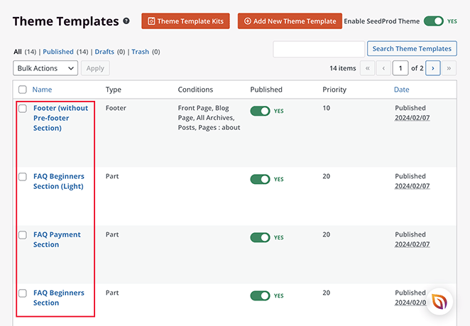 Individual templates included in a SeedProd theme kit