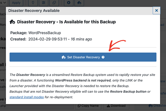 Set WordPress backup restore point