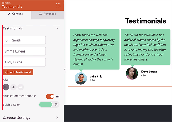 SeedProd testimonial block settings