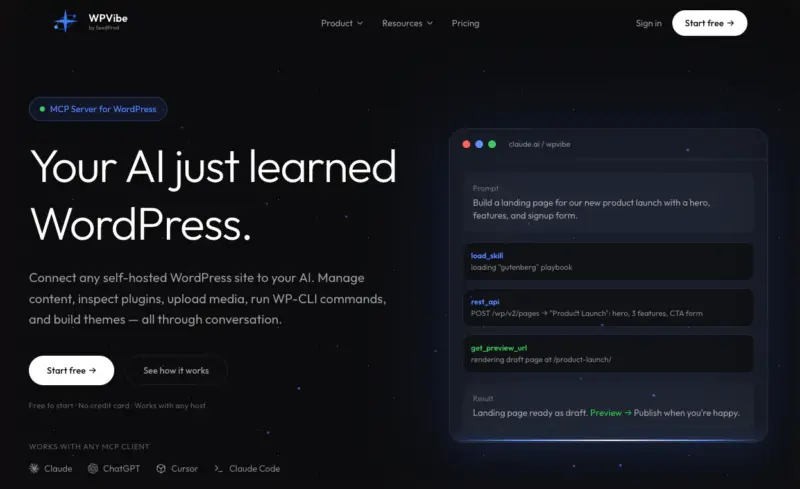 WPVibe WordPress MCP plugin that connects to ChatGPT