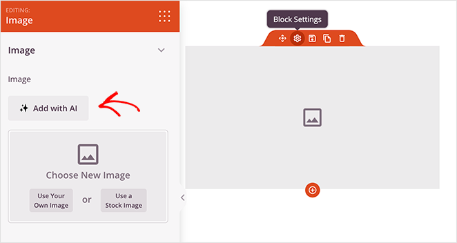 Capture d'écran de l'interface d'édition de SeedProd montrant un bloc "Image" avec une option "Ajouter avec AI". Une flèche pointe vers le bouton. En dessous se trouvent deux choix pour " Choisir une nouvelle image " avec des options pour " Utiliser votre propre image " ou " Utiliser une image de stock ". À droite se trouvent les "Paramètres du bloc" avec diverses icônes de personnalisation.