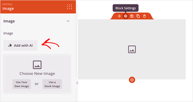Screenshot of SeedProd editing interface showing an 'Image' block with an option to 'Add with AI'. An arrow points to the button. Below are two choices to 'Choose New Image' with options to 'Use Your Own Image' or 'Use a Stock Image'. To the right are 'Block Settings' with various icons for customization.