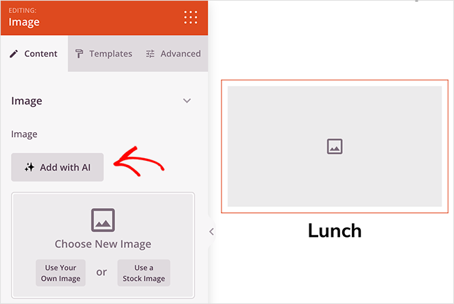 A screenshot showing an 'Image' editing pane in SeedProd website builder with options to 'Choose New Image' using your own image or a stock image. An arrow points to a feature labeled 'Add with AI'. A large placeholder for an image is outlined in red on the right