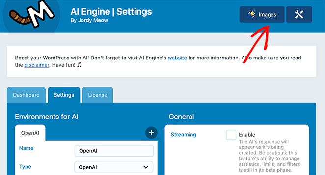 A screenshot of the 'AI Engine | Settings' . It includes a header with options for 'Dashboard', 'Settings', and 'License', and a section titled 'Environments for AI' with OpenAI selected. An arrow points to the 'Images' tab, suggesting navigation to image-related settings.