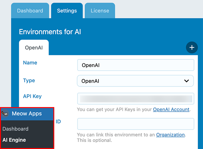 A screenshot of a software interface for setting up 'Environments for AI', specifically for OpenAI. It includes fields for 'Name', 'Type', and 'API Key', with links to the OpenAI account for retrieving API keys  On the left sidebar, there's a highlighted section labeled 'Meow Apps' with options for 'Dashboard' and 'AI Engine', indicating a section of the interface dedicated to AI settings within the application.