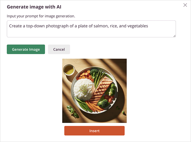 A window for 'Generate image with AI' displays a filled-in prompt for a top-down photograph of a plate with salmon, rice, and vegetables. Below is a preview of the generated image showing a well-presented meal on a round plate, with a side of sauce, cast in natural light. There is an 'Insert' button underneath the image preview.
