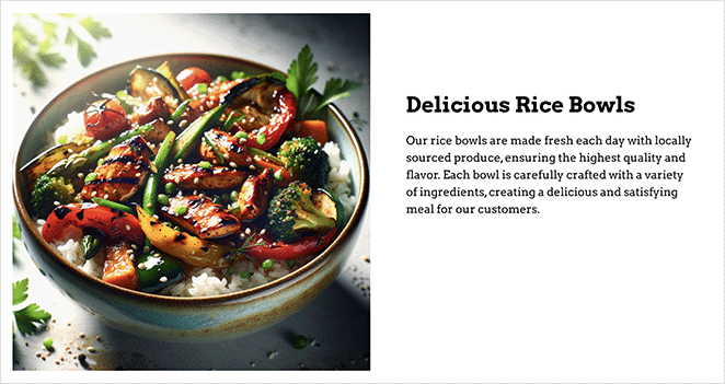 A promotional image featuring a close-up of a delicious rice bowl. The bowl is filled with rice, grilled vegetables, and herbs. To the right is text that reads 'Delicious Rice Bowls' followed by a description emphasizing that the rice bowls are made fresh daily with locally sourced produce, high quality and flavor, and a variety of ingredients, offering a satisfying meal for customers.