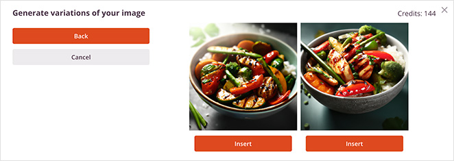 SeedProd interface for generating variations of an image, showing two similar images of a vegetable rice bowl. Each image has an 'Insert' button below it. At the top left, there are 'Back' and 'Cancel' buttons.