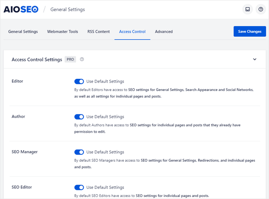 AIOSEO access controls settings