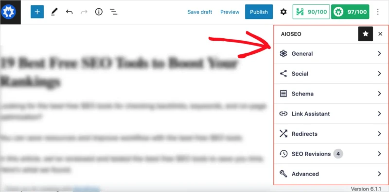 AIOSEO settings in WordPress editor sidebar