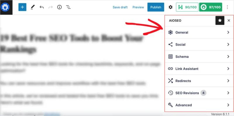 Paramètres AIOSEO dans la barre latérale de l'éditeur WordPress