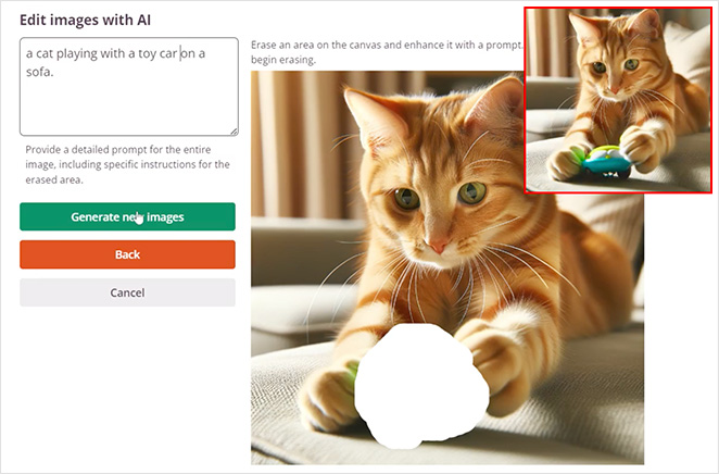 Screenshot of SeedProd AI image editing interface with text input reading 'a cat playing with a toy car on a sofa.' A main image shows an orange cat looking towards the camera with a section erased, while a smaller inset image shows the same cat with a toy car, highlighted in a red box to indicate editing.