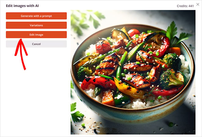 Screenshot of SeedProd AI image editing interface with options 'Generate with a prompt', 'Variations', 'Edit Image', and 'Cancel' on the left side, and a high-quality image of a rice bowl with vegetables on the right. An arrow points to the 'Edit Image' option.