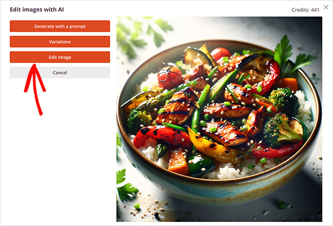 Capture d'écran de l'interface d'édition d'images de SeedProd AI avec les options "Générer avec une invite", "Variations", "Modifier l'image" et "Annuler" sur le côté gauche, et une image de haute qualité d'un bol de riz avec des légumes sur le côté droit. Une flèche pointe vers l'option "Modifier l'image".