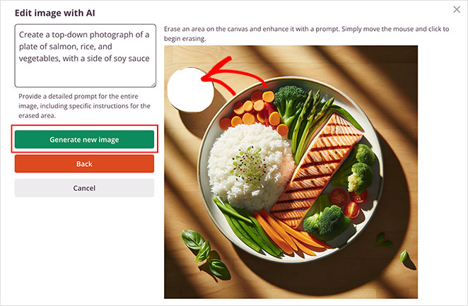 A screenshot of an editing interface titled 'Edit image with AI'. The panel includes a prompt to create a top-down photograph of a plate with salmon, rice, and vegetables, with a side of soy sauce. An instruction to provide a detailed prompt for the image appears above a 'Generate new image' button. To the right is the current image, with an eraser tool symbol and an arrow indicating a spot being erased from the image. The buttons 'Back' and 'Cancel' are also visible.