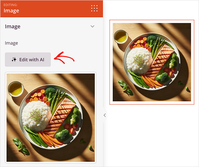 A screenshot of SeedProd 'Image' editing panel with an option to 'Edit with AI' indicated by an arrow. It displays a top-down image of a plate with salmon, rice, and vegetables that has been placed within an image placeholder outlined in red. 