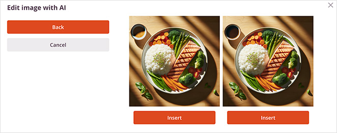 A screenshot from an 'Edit image with AI' interface showing two variations of a top-down image of a plate with salmon, rice, and vegetables, both ready for insertion into a document.