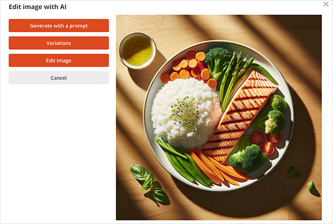 A screenshot of an interface titled 'Edit image with AI', with options for 'Generate with a prompt', 'Variations', and 'Edit Image' on the left side. The right side displays the edited image: a plate of salmon, rice, and vegetables beautifully arranged