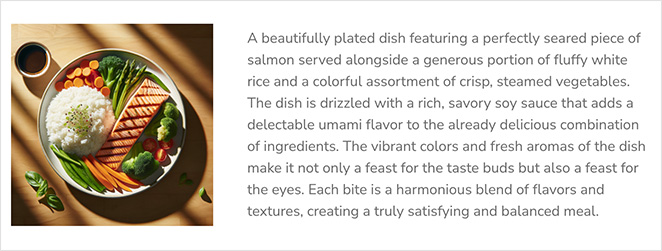 On the left, a top-down image of a well-plated meal with salmon, rice, and vegetables, highlighted by a sunlit ambiance. On the right, a description of the dish.