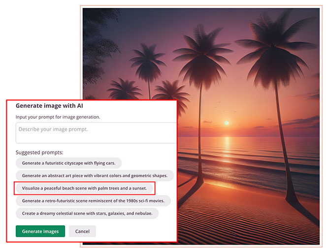 Screenshot of SeedProd AI image generation interface with a backdrop of a serene beach scene at sunset. The interface has a red-bordered box titled 'Generate image with AI' containing a text input field and a list of suggested prompts such as generating a futuristic cityscape or visualizing a peaceful beach scene. The 'Visualize a peaceful beach scene with palm trees and a sunset' prompt is highlighted. Below the prompts are buttons for 'Generate Images' and 'Cancel'.