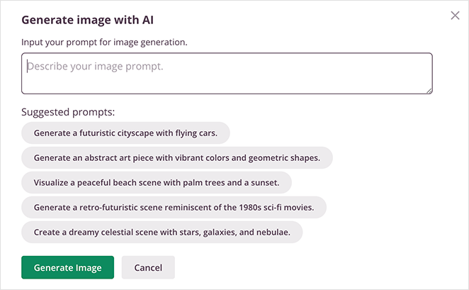 A pop-up window titled "Generate image with AI" prompts to input a prompt for image generation. Below the input field are suggested prompts, such as generating a futuristic cityscape with flying cars, an abstract art piece with vibrant colors and geometric shapes, a beach scene with palm trees and a sunset, a 1980s sci-fi movie scene, and a celestial scene with stars and galaxies. There are buttons for 'Generate Image' and 'Cancel'.