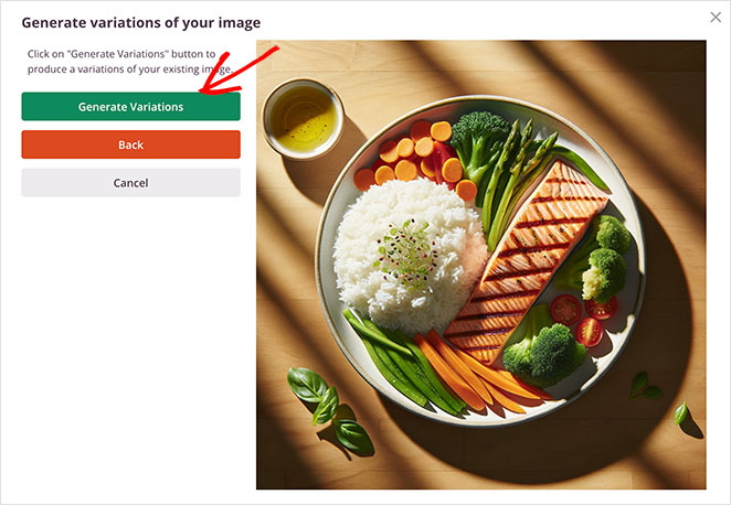 A screenshot displaying a 'Generate variations of your image' interface with instructions to click on the 'Generate Variations' button to create different versions of the existing image. An arrow points to this button. Below are 'Back' and 'Cancel' options. 