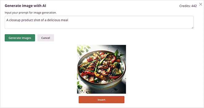 Screenshot of SeedProd AI image generation interface with the text field filled with 'A closeup product shot of a delicious meal'. Below the text field are 'Generate Images' and 'Cancel' buttons. On the right, a generated image of a meal is displayed, featuring a dish with what appears to be roasted vegetables garnished with herbs, suggesting a successful image generation.