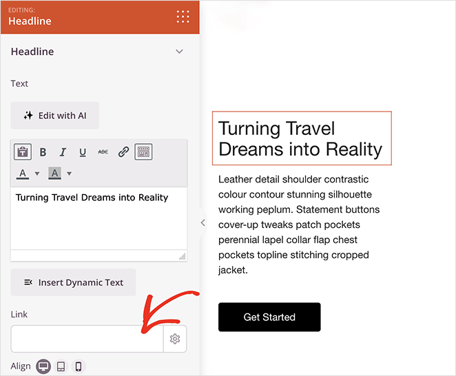 Capture d'écran de l'outil d'édition SeedProd centré sur un bloc "Headline" avec la possibilité d'ajouter un lien, mis en évidence par une flèche rouge pointant vers l'icône de lien.