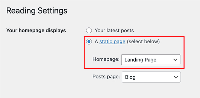 Screenshot highlighting the WordPress reading settings with a static page set and the landing page set as the homepage