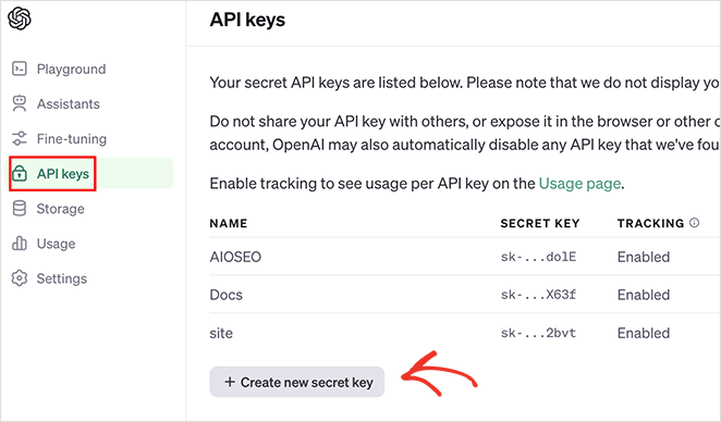A screenshot of an  OpenAI API keys page interface