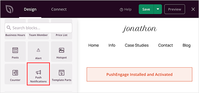 Interface utilisateur de SeedProd website builder montrant les onglets "Design" et "Connect", avec le bloc "Push Notifications" en surbrillance. Une notification "PushEngage installé et activé" est affichée sur l'aperçu du site web.