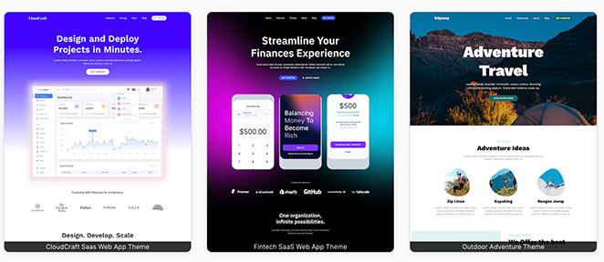Three SeedProd website templates displayed side by side. The left template is for 'Cloudcraft SaaS Web App Theme' focused on design and deployment, the middle is a 'Fintech SaaS Web App Theme' for streamlining finances, and the right is an 'Outdoor Adventure Theme' for adventure travel.