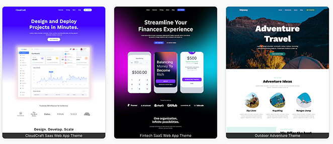 Trois modèles de sites web SeedProd présentés côte à côte. Le modèle de gauche est un "thème d'application Web SaaS Cloudcraft" axé sur la conception et le déploiement, le modèle du milieu est un "thème d'application Web SaaS Fintech" pour rationaliser les finances, et le modèle de droite est un "thème d'aventure en plein air" pour les voyages d'aventure.