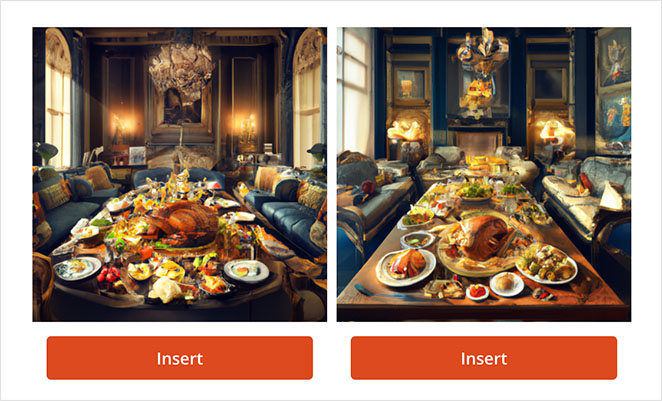 Two background image variations of a lavish feast laid out on tables in an elegant dining room, each image with an 'Insert' button below it.