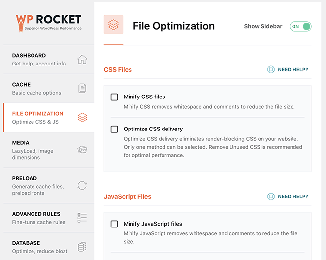 WP Rocket file optimization sttings