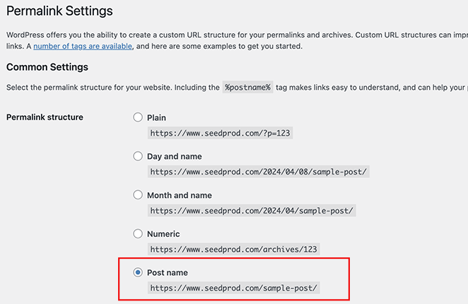WordPress permalinks settings