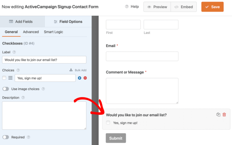 WPForms form with active campaign email checkbox