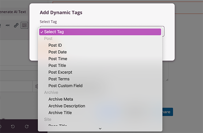 Select a type of Dynamic tag to add to your WordPress website