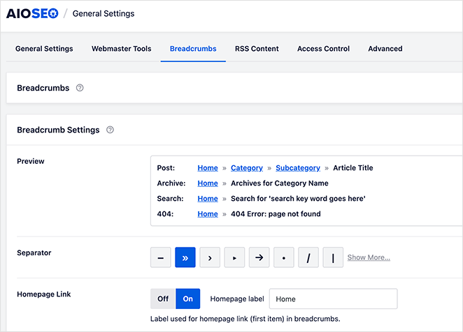 All in One SEO breadcrumbs settings