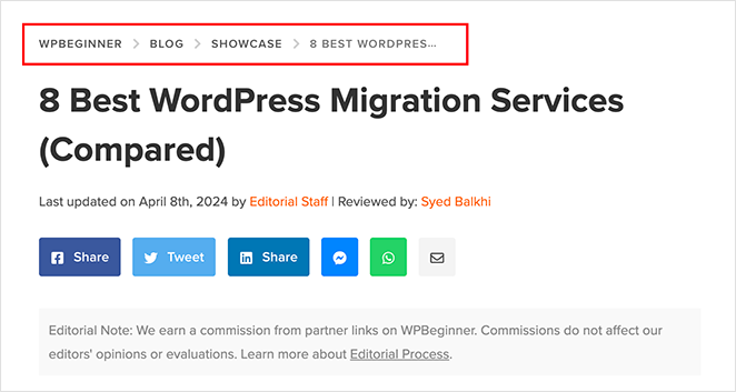 example of breadcrumbs in a WordPress post