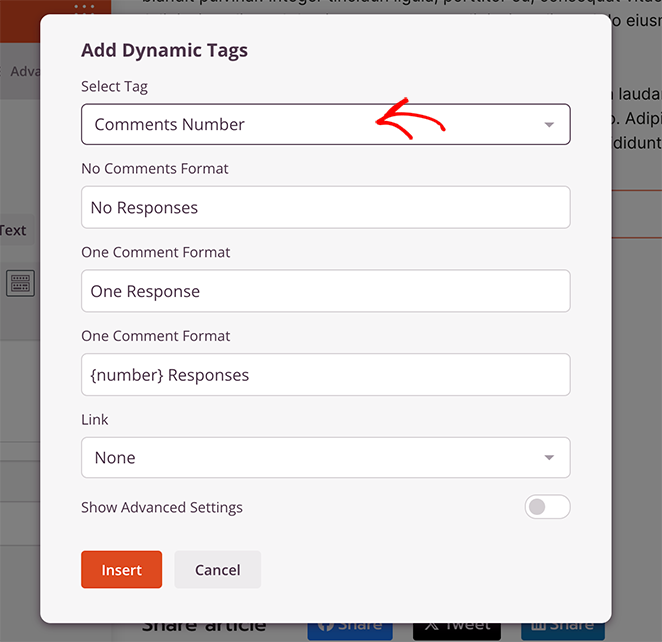 Settings for Comments Number dynamic tags