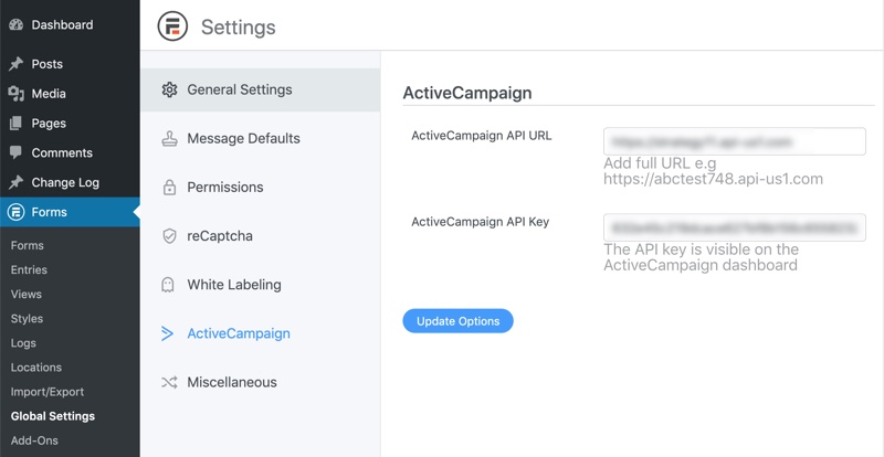 Formidable Forms ActiveCampaign API URL and Key fields