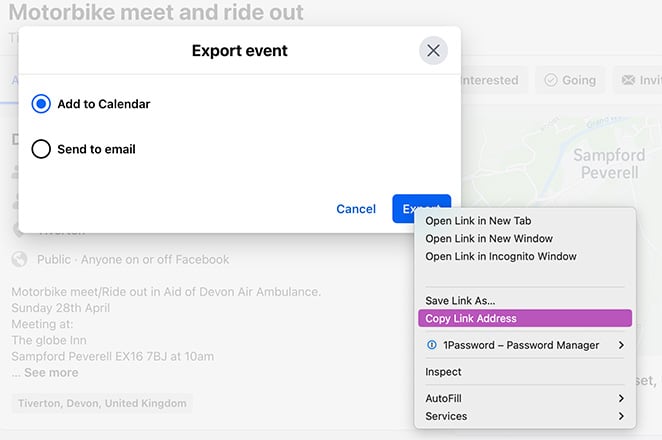 Copy facebook event ical link address