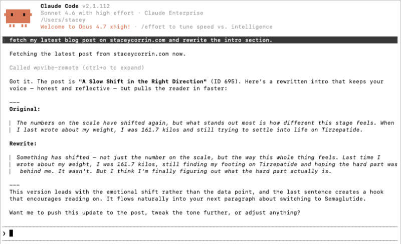 Editando uma postagem do WordPress com o WPVibe usando o Claude Code